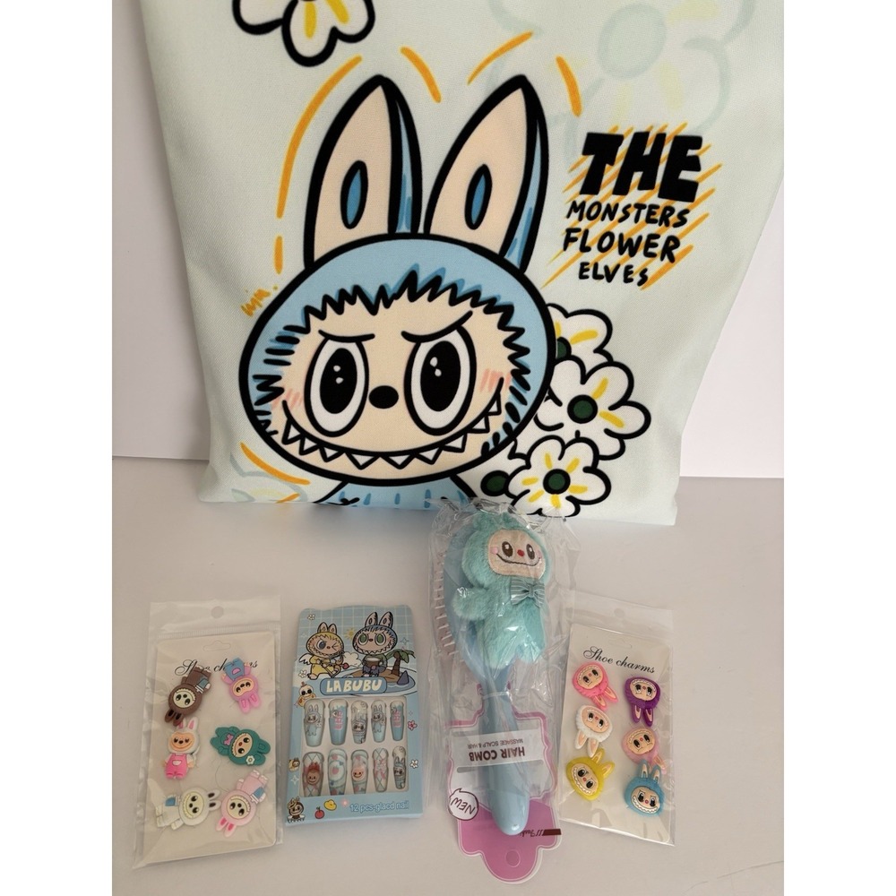 Gift Set 5pcs- Labubu Tote Bag, Shoe Charms, Hair Brush, Stick On Nail Set NEW
